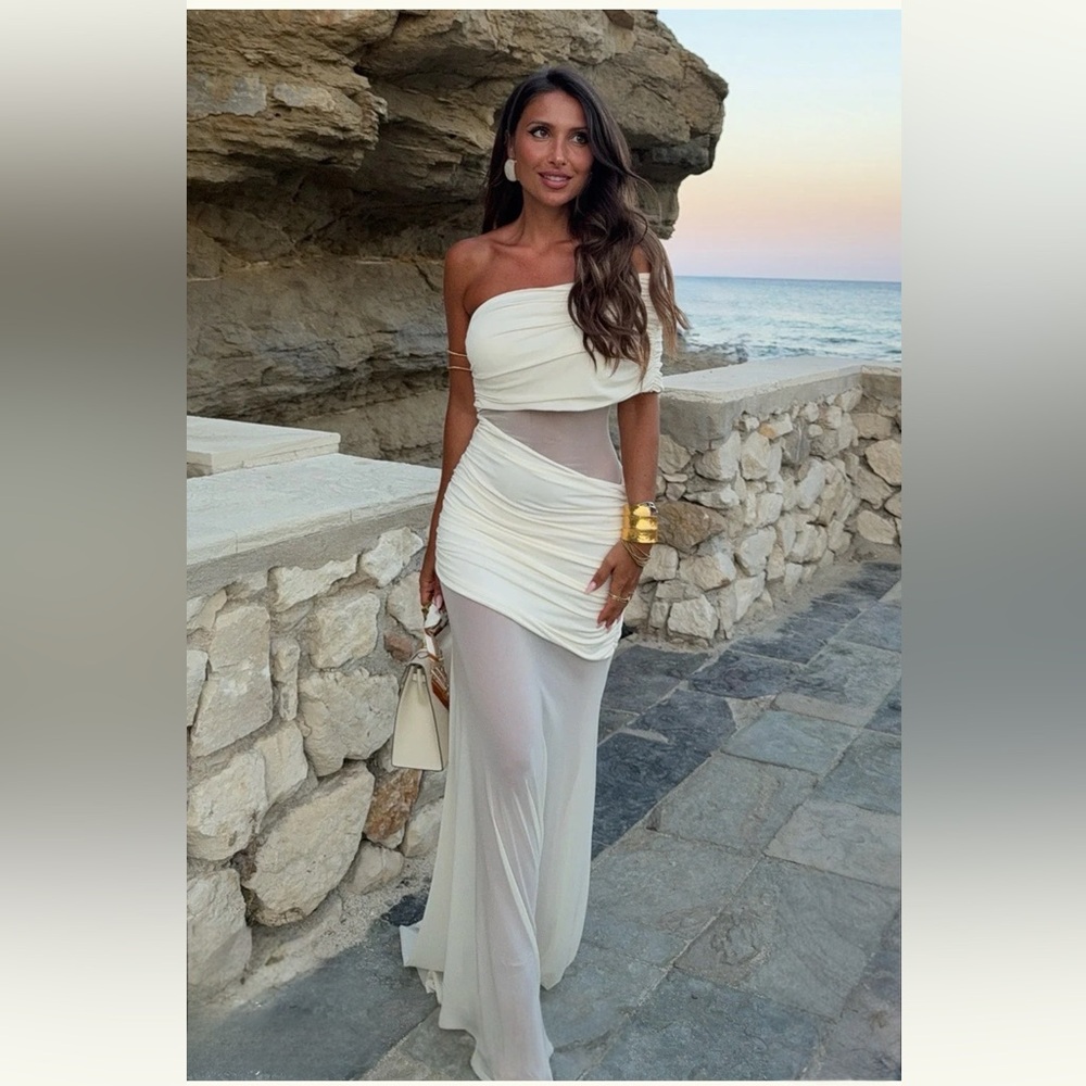 Dallas One Shoulder Mesh Maxi Dress - Ivory